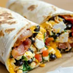 Closevup of a sliced high-protein breakfast burrito showing scrambled eggs, turkey bacon, black beans, spinach, and melted cheddar inside a toasted tortilla.