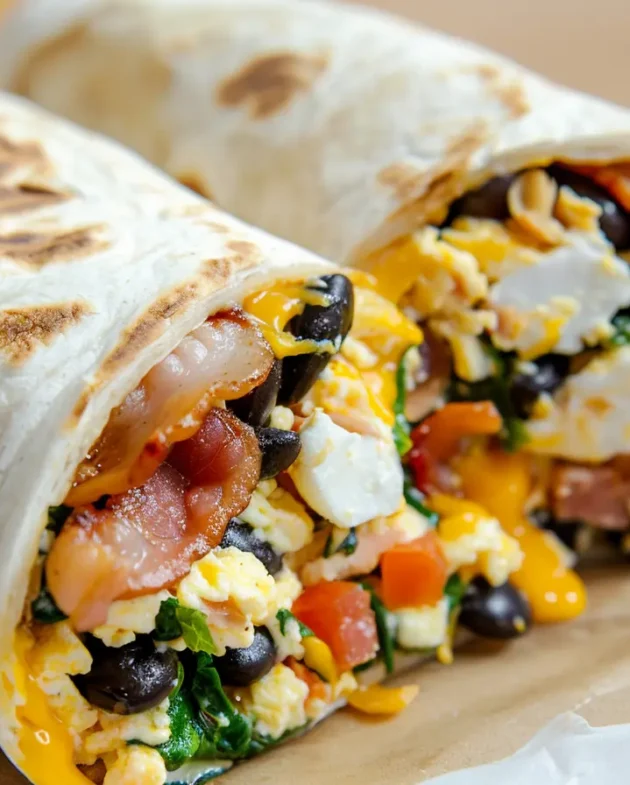 Closevup of a sliced high-protein breakfast burrito showing scrambled eggs, turkey bacon, black beans, spinach, and melted cheddar inside a toasted tortilla.