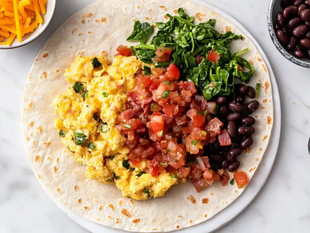 Assemble Warm tortilla, add eggs, bacon spinach mix, beans, cheese and salsa.