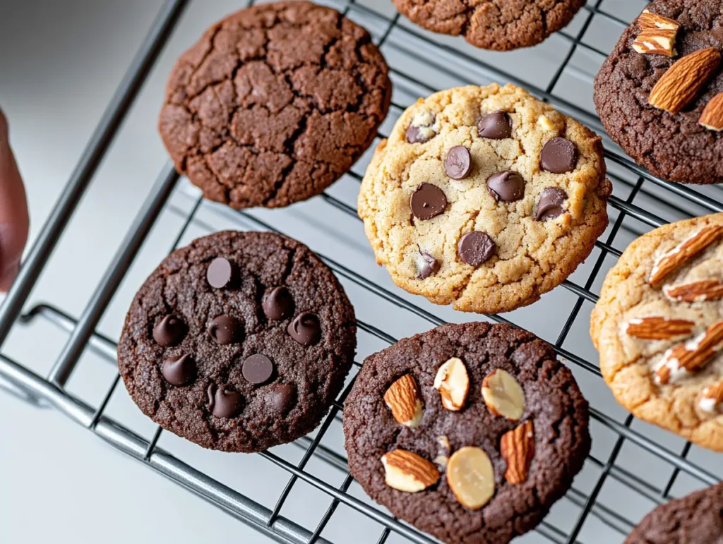 Assorted high-protein cookies double-chocolate, classic chip, and almond-cocoa cooling on a metal rack.