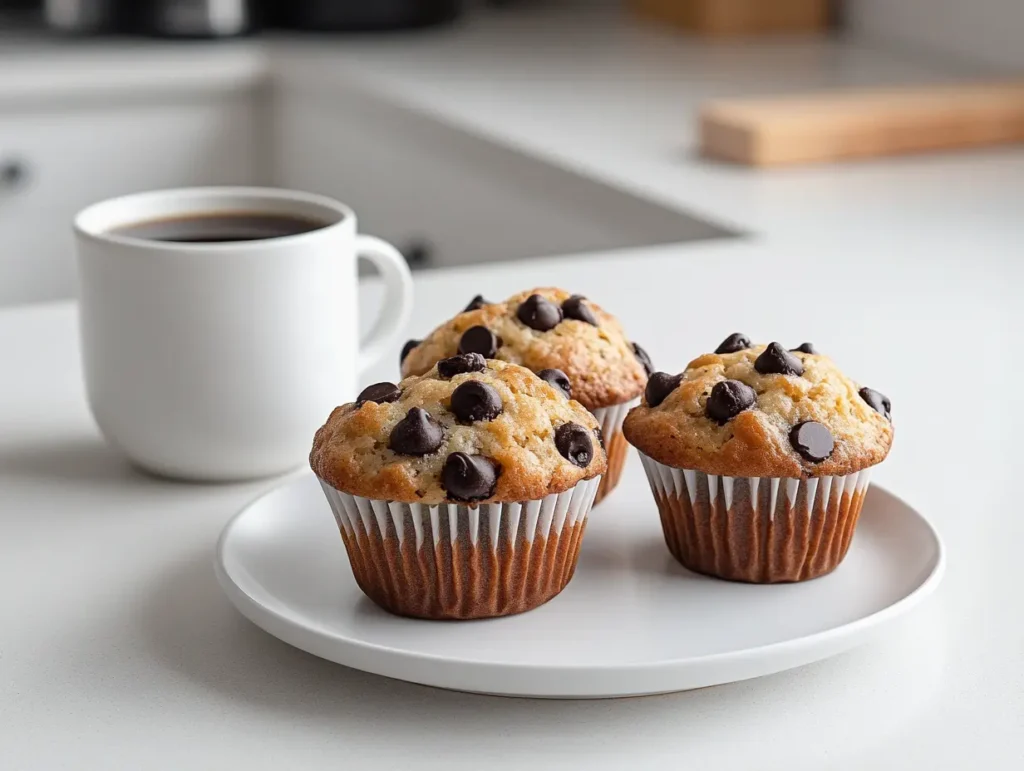 High protein breakfast muffins with chocolate chips on a white plate, cup of coffee nearby in a sleek modern kitchen setting.