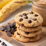 Soft, chewy high protein cookies with chocolate chips on a wooden board beside protein powder, bananas, and peanut butter.